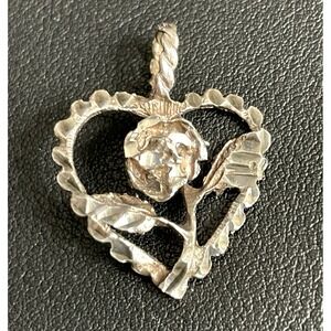 925 Rose Heart Pendant Artisan Sterling Silver Estate Jewelry Valentines Day 3D